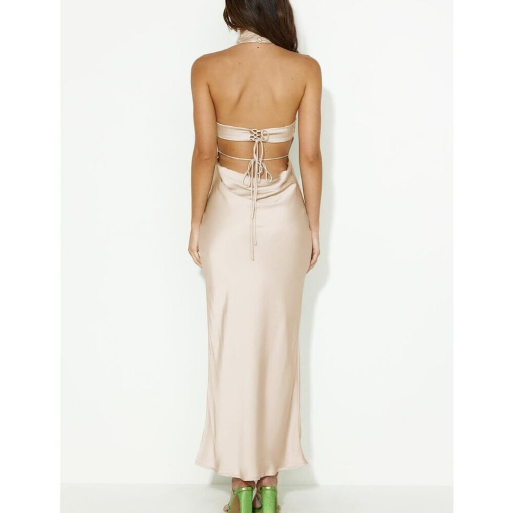 Women's Champagne Satin Halter Neck Backless Elegant Tie Cowl Back Formal Maxi - Picture 2 of 4